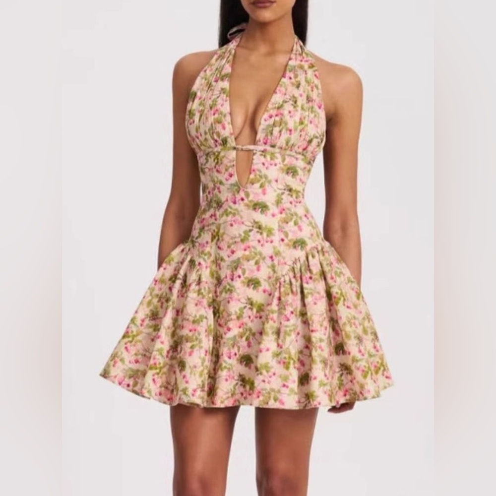 NWT Romantic Floral Halter Mini Dress - Sleeveless Ruffle Skater Look S-L - Picture 3 of 12